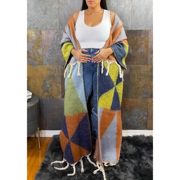 Women Long Open Front Sweater Cardigan Fringe Color Block Maxi Plus Size - Picture 4 of 6